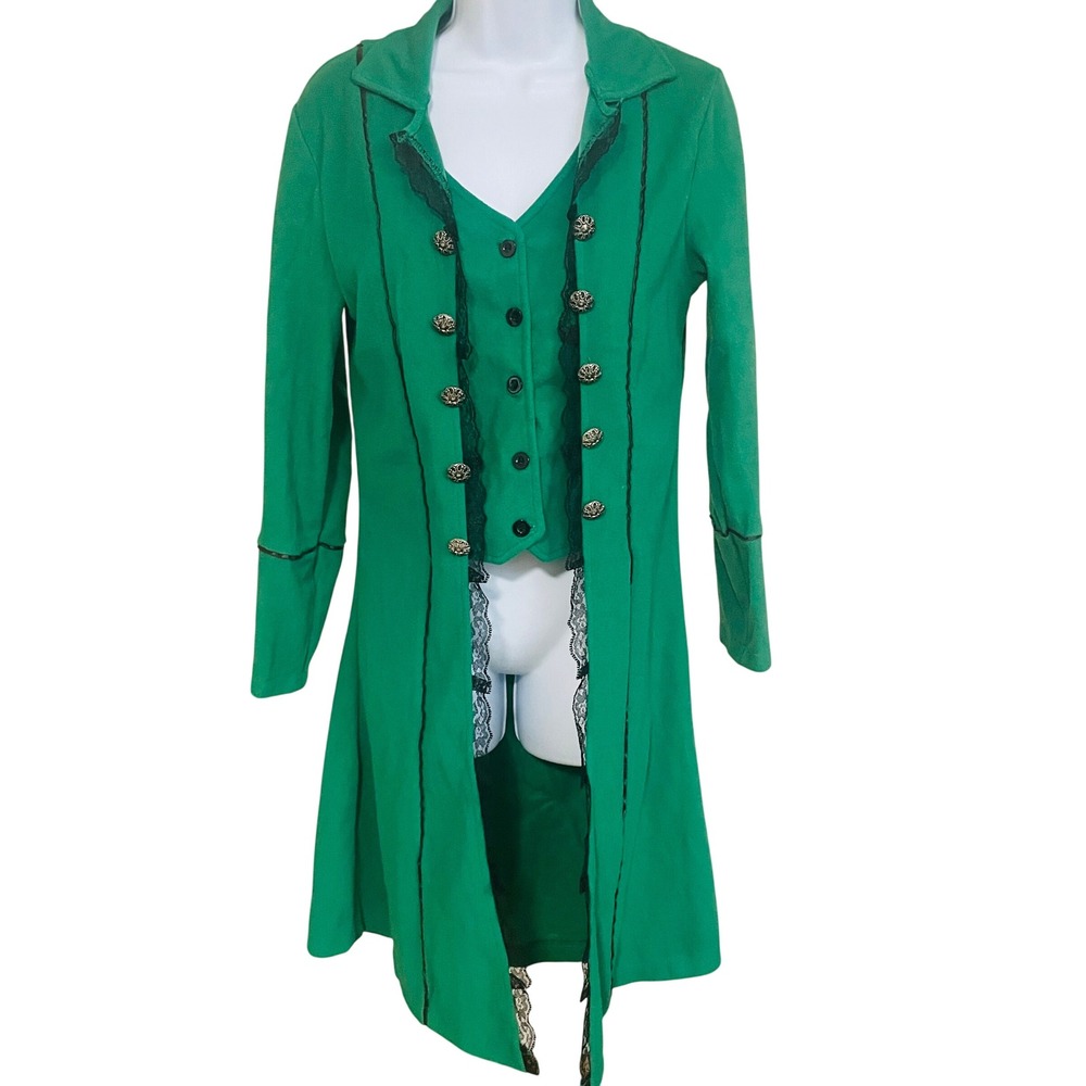 Womens Victorian Steampunk Lace Trim Gothic Coat Set S Green Cosplay Renaissance